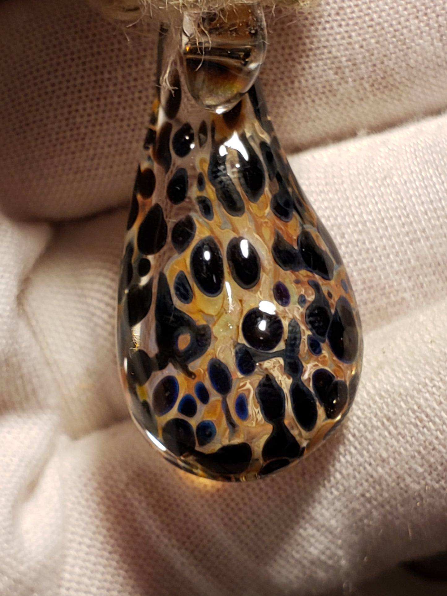Hand-woven Hemp Necklace with Green & Orange Glass Pendant