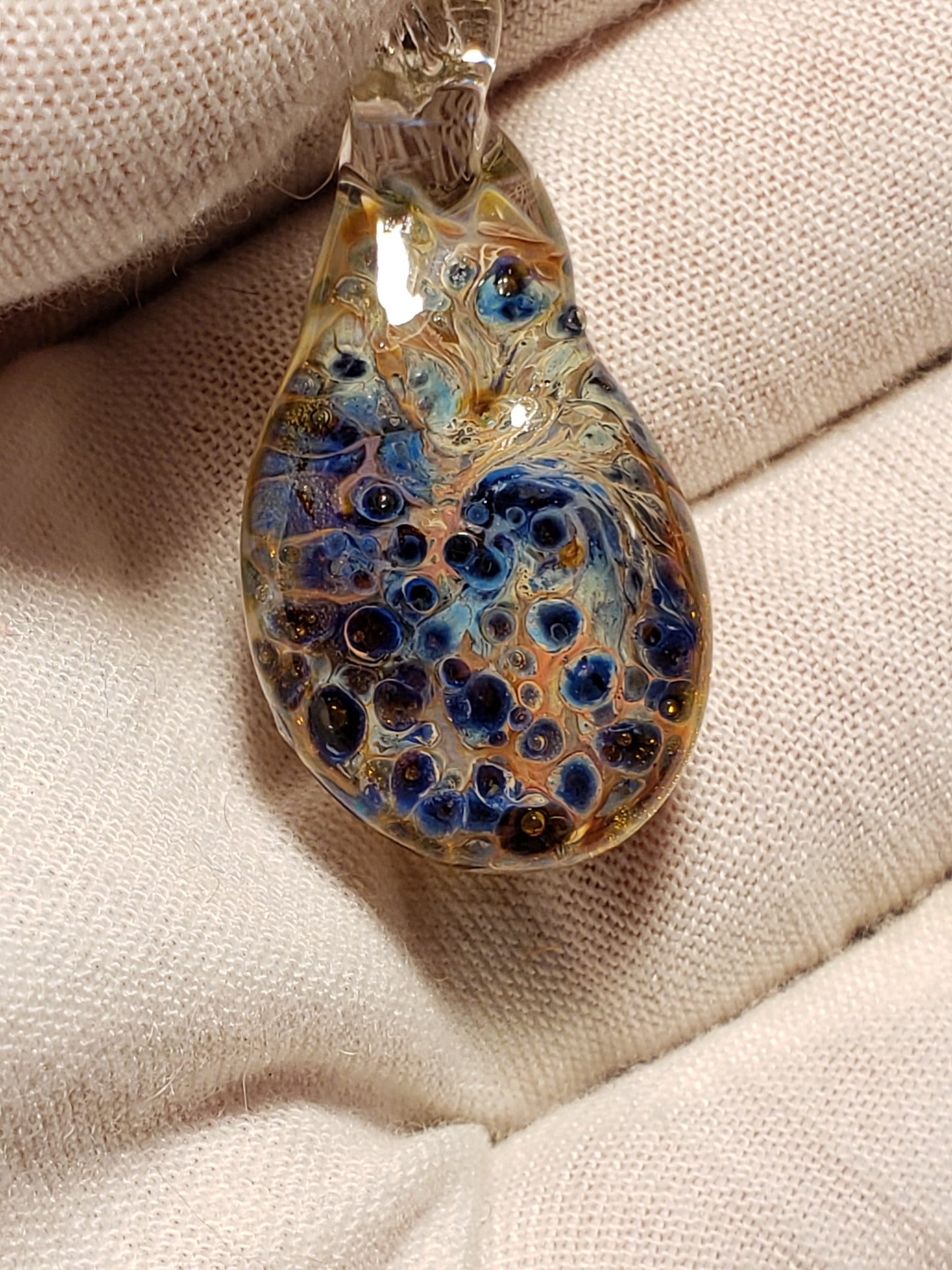 Hand-woven Hemp Necklace with Green & Orange Glass Pendant w/ Blue Reverse