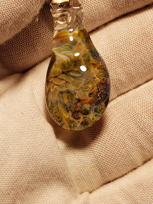 Hand-woven Hemp Necklace with Green & Orange Glass Pendant w/ Blue Reverse