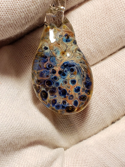 Hand-woven Hemp Necklace with Green & Orange Glass Pendant w/ Blue Reverse