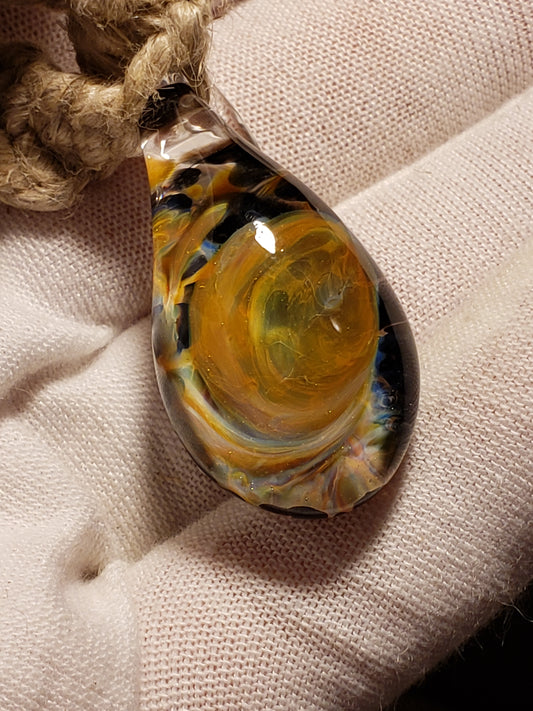 Hand-woven Hemp Necklace with Orange, Green and Blue Pendant