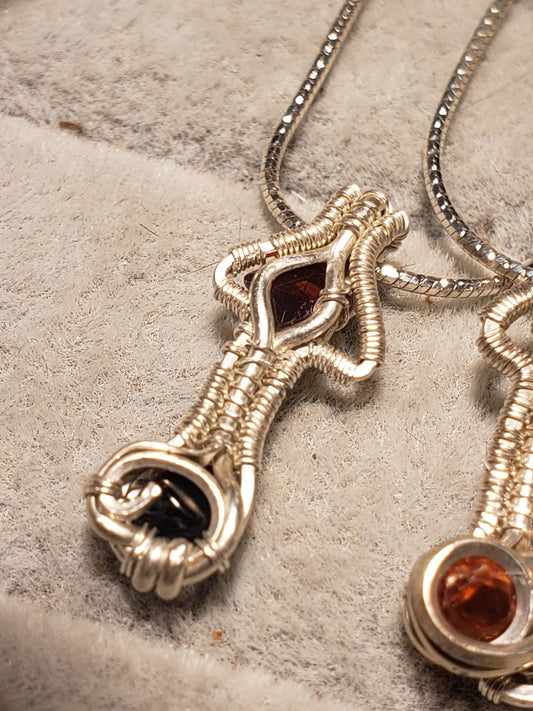 Silver Wire-Wrapped Mushroom Pendant with .925 Sterling Chain - Red / Black