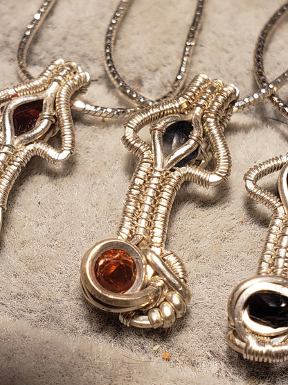Silver Wire-Wrapped Mushroom Pendant with .925 Sterling Chain - Blue / Orange