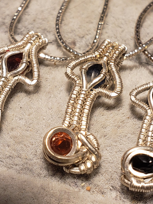 Silver Wire-Wrapped Mushroom Pendant with .925 Sterling Chain - Blue / Orange