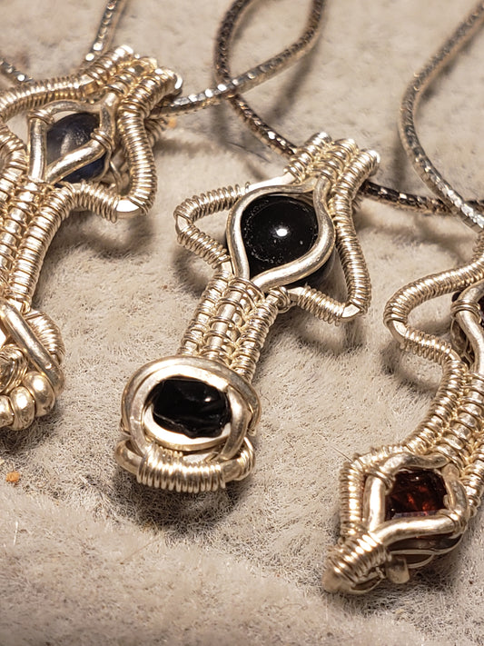 Silver Wire-Wrapped Mushroom Pendant with .925 Sterling Chain - Black / Black
