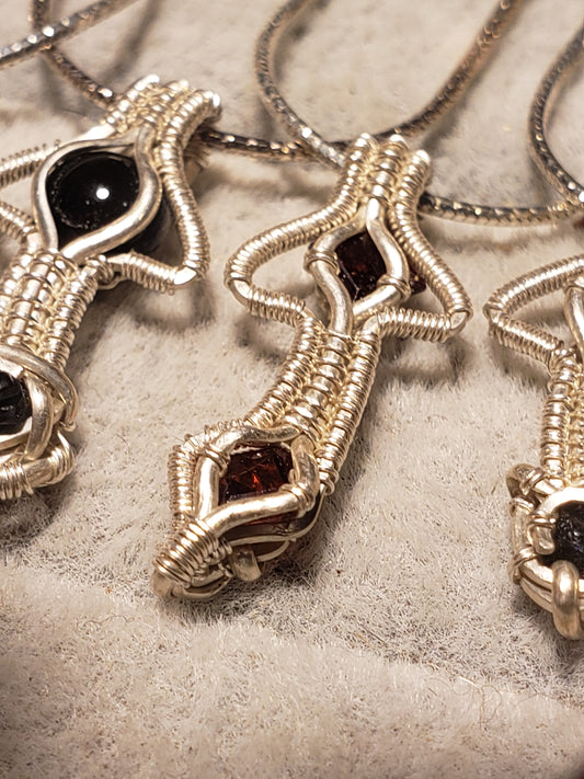 Silver Wire-Wrapped Mushroom Pendant with .925 Sterling Chain - Black / Red
