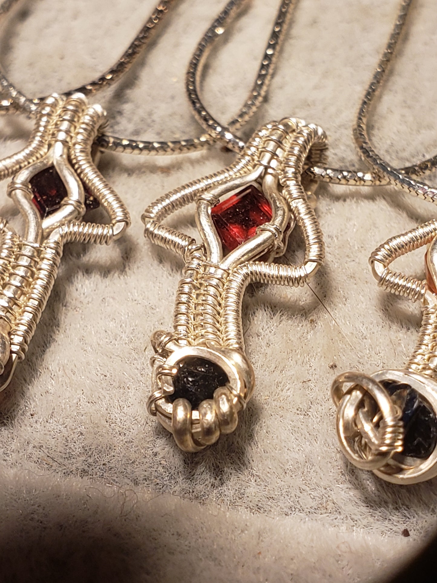 Silver Wire-Wrapped Mushroom Pendant with .925 Sterling Chain - Red / Black