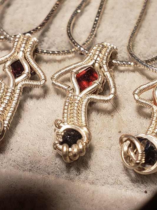 Silver Wire-Wrapped Mushroom Pendant with .925 Sterling Chain - Red / Black