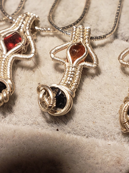 Silver Wire-Wrapped Mushroom Pendant with .925 Sterling Chain - Orange / Black
