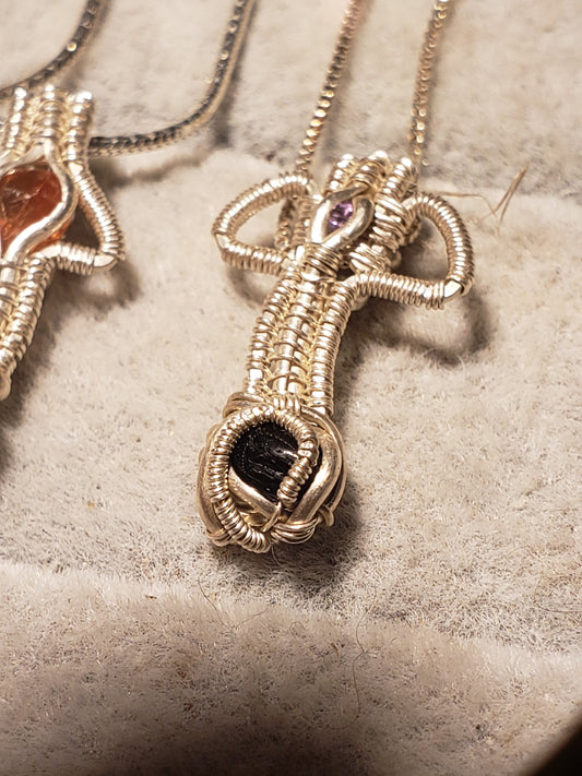 Silver Wire-Wrapped Mushroom Pendant with .925 Sterling Chain - Purple / Black