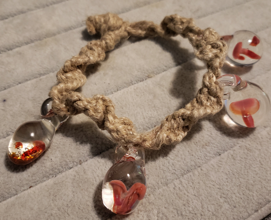 Hand-woven hemp Pink Mushroom Bead Bracelet